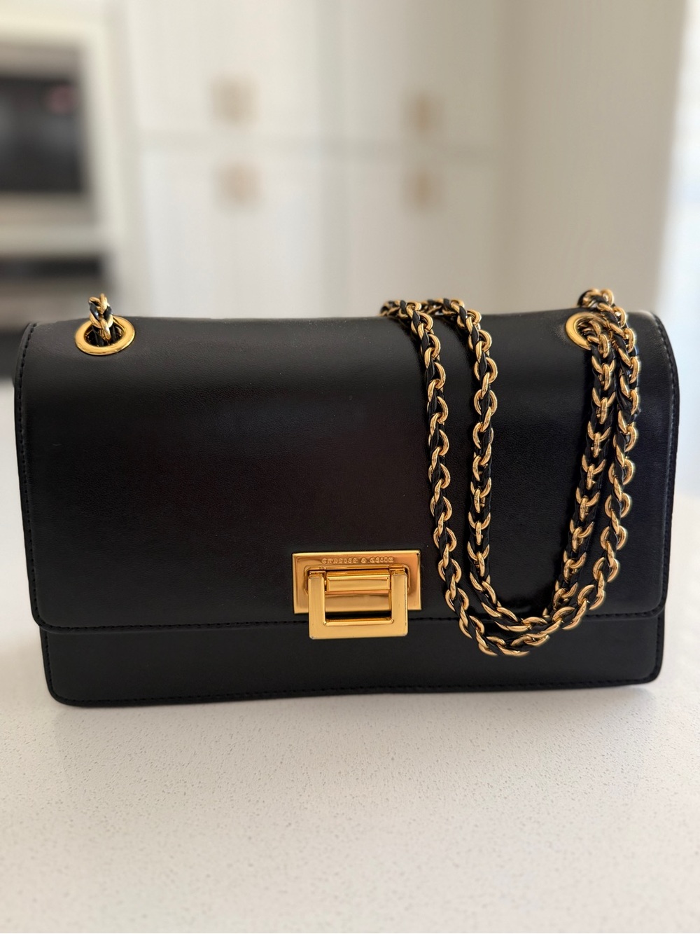 Black Leather Chain Shoulder Bag with Gold Hardware